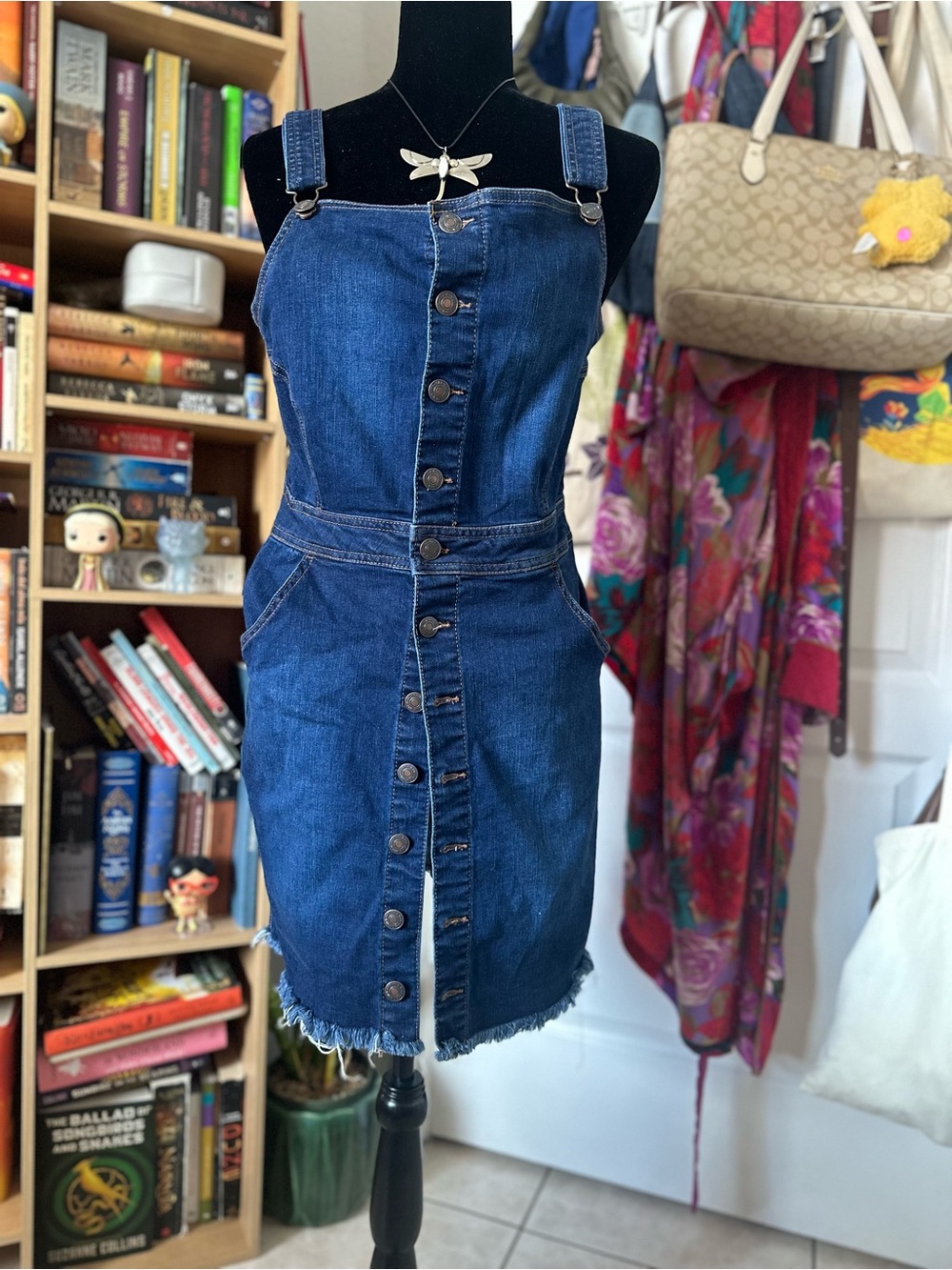 Wax Jean Dark Blue Button-Front Denim Overall Dress